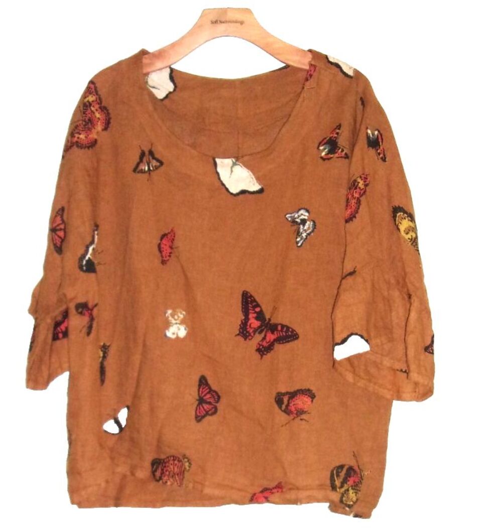 Viola Borghi Linen Shirt Sz. M L Brown  Butterfly Print Made Italy BOHO